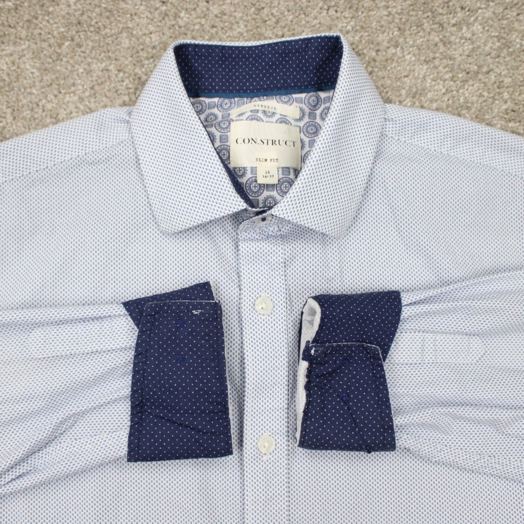Construct Shirt Men 16, 32-33 Blue Slim Fit Flip Cuff Cotton Stretch Long Sleeve